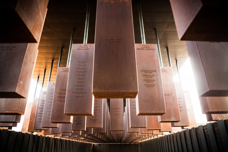 At the new National Memorial for Peace and Justice, steel monuments represent counties and states in the U.S. where lynchings took place, each inscribed with victims' names.