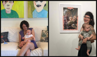 Two artist moms, on left, woman sitting on sofa with baby on her lap and two green paintings on the wall above, and right, a woman holding her baby as she stands next to her artwork and laughing.