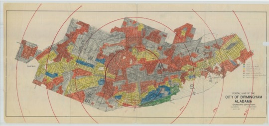 red-lining map showing different sections of housing in Birmingham, Alabama