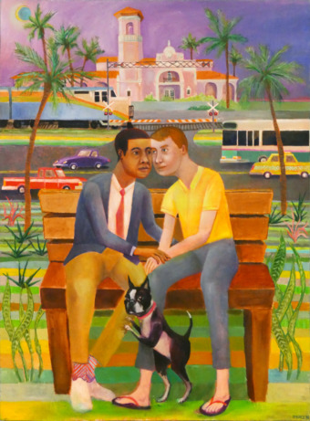 a Black man with black hair and a white man with red hair sit on a bench with a small dog between them, the painting is deeply and vibrantly colored with striking warm undertones. the two men are close to each other, their cheeks pressed against each other, as if in deep fascination or desire. palm trees, a train station, and vibrant purple sky back the scene