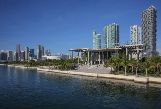 a museum building with modern architecture on the coast with the skyline behind it