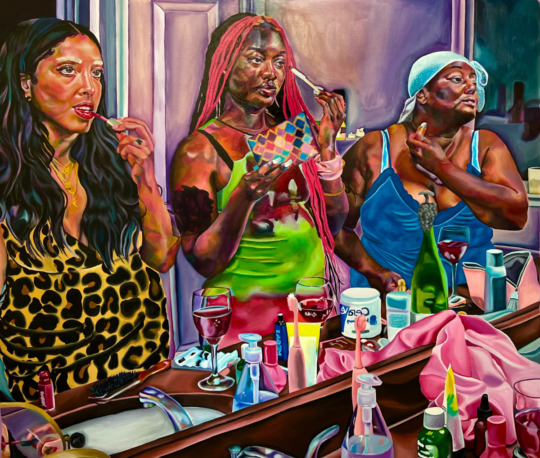 a painting of three Black women standing in front of a bathroom mirror as they get ready for a night out