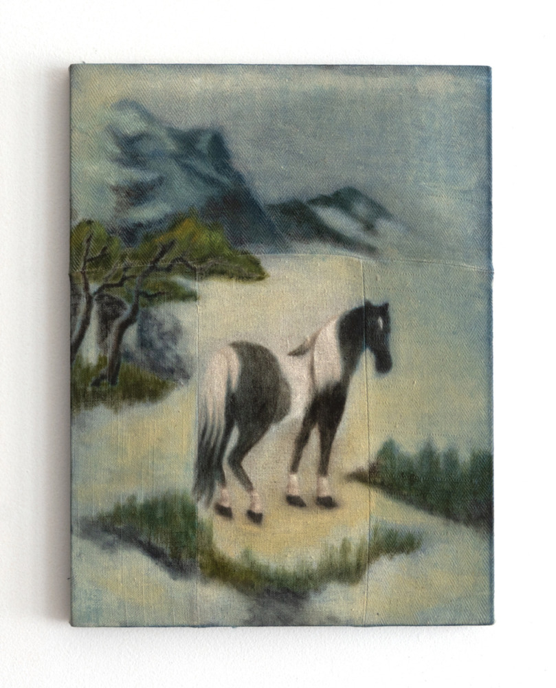a painting of a black and white horse against a background of mountains and trees