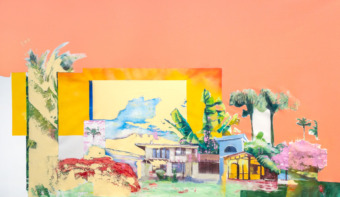 orange background collage with palm trees and houses in foreground