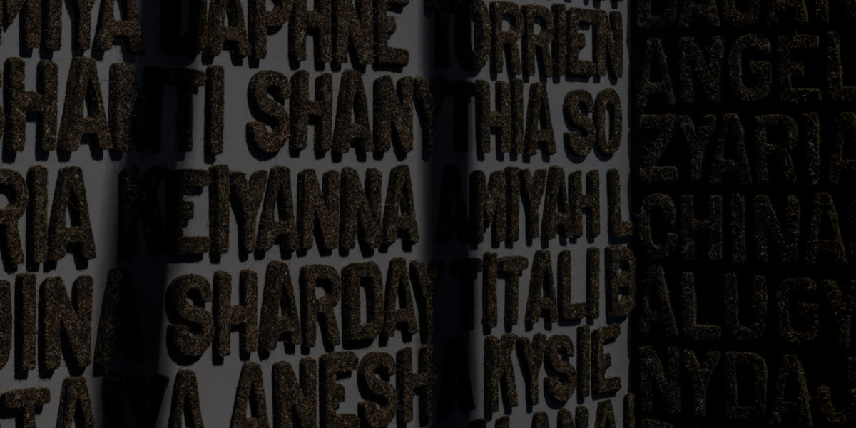 A wall displays the names of over 400 Black women and girls who have been reported missing and whose stories are largely unreported in the media. Their names are rendered in relief and constructed from black felt and discarded hair that appear to emerge from the jet black walls. 