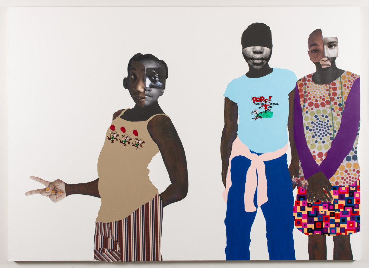Three young Black girls stand facing the viewer in different stances wearing clothing with various mixed print patterns against a white background, their faces are collaged and the far left figure is making a sideways peace sign.