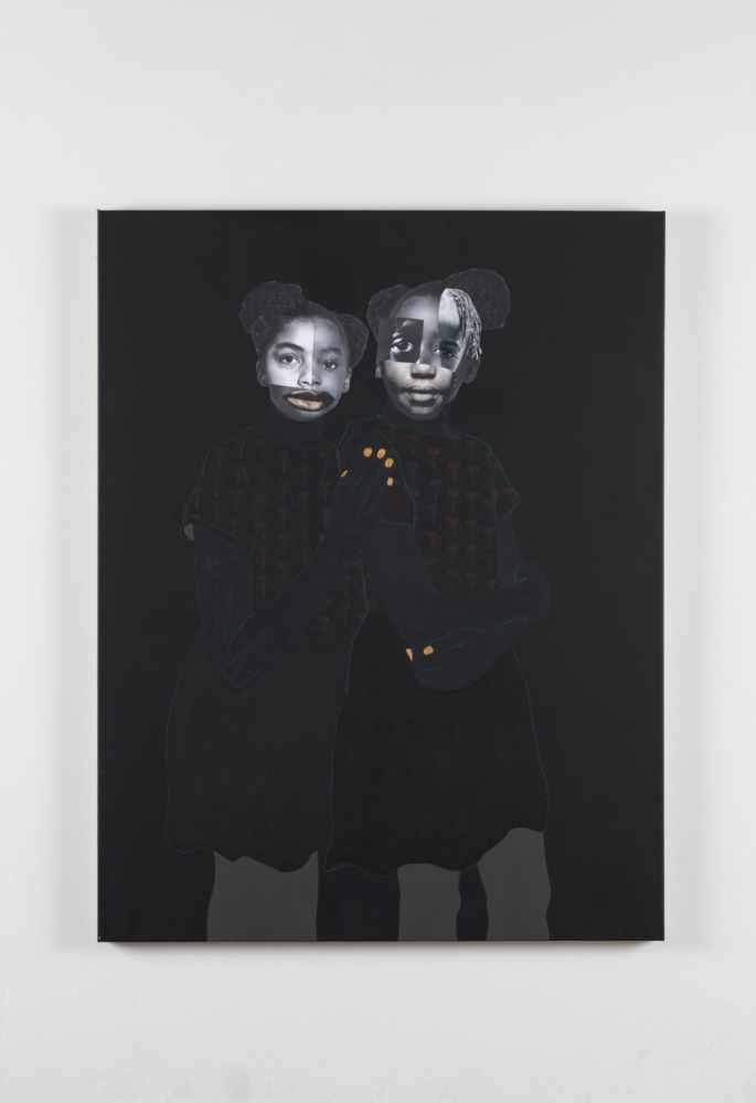 Two young Black girls stand facing the viewer against a black background, their collaged faces are in black and white, their clothing is dark and blends into the black background while their tiny gold painted fingernails pop out against the contrast.