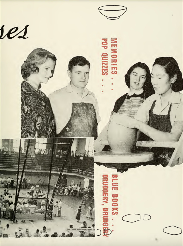 A yearbook clipping showing a woman teaching three students a lesson on pottery.