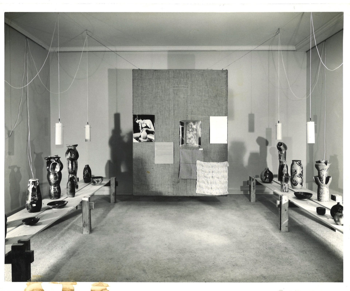 A yearbook clipping showing a black and white installation view of a memorial in honor of late artist Katherine Choy.