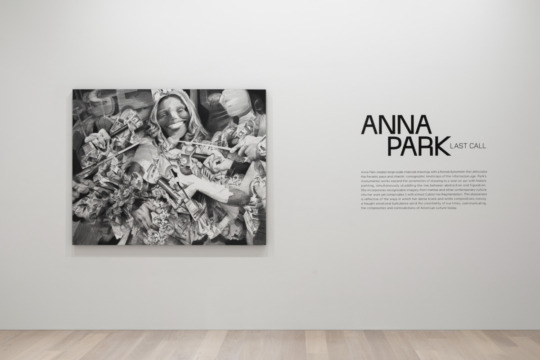 frontal image of white wall featuring black and white figurative and abstract painting on left with figure smiling and wall text to the right of the work