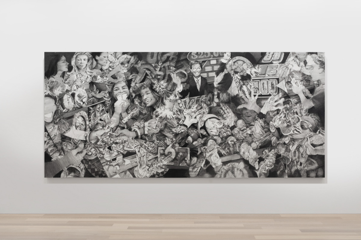 frontal image of black and white work with multiple people sketched on top of one another