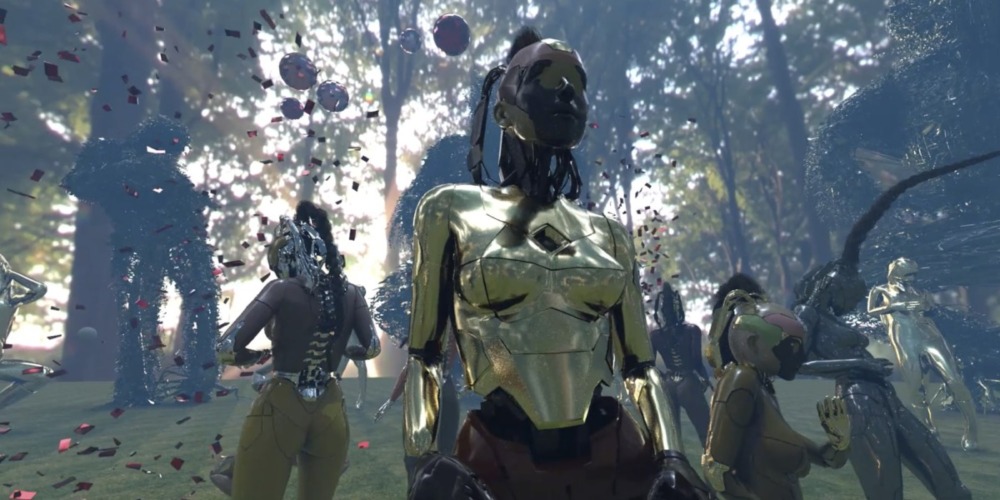 video capture of digital figures standing in formation against a forest background