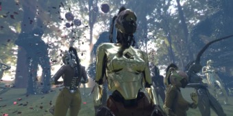 video capture of digital figures standing in formation against a forest background