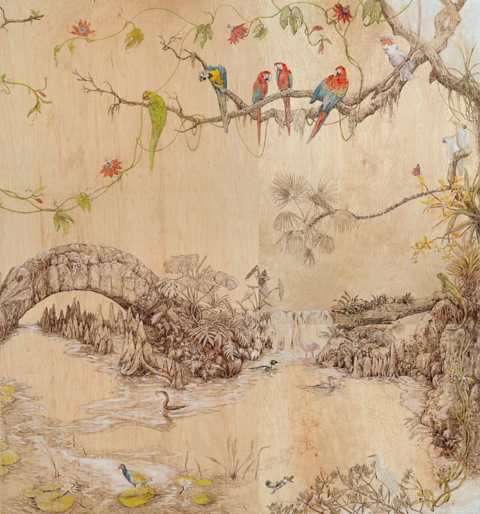 painting of parrots on tree branch above idyllic drawn pond with various tropical birds, iguanas, and fauna.